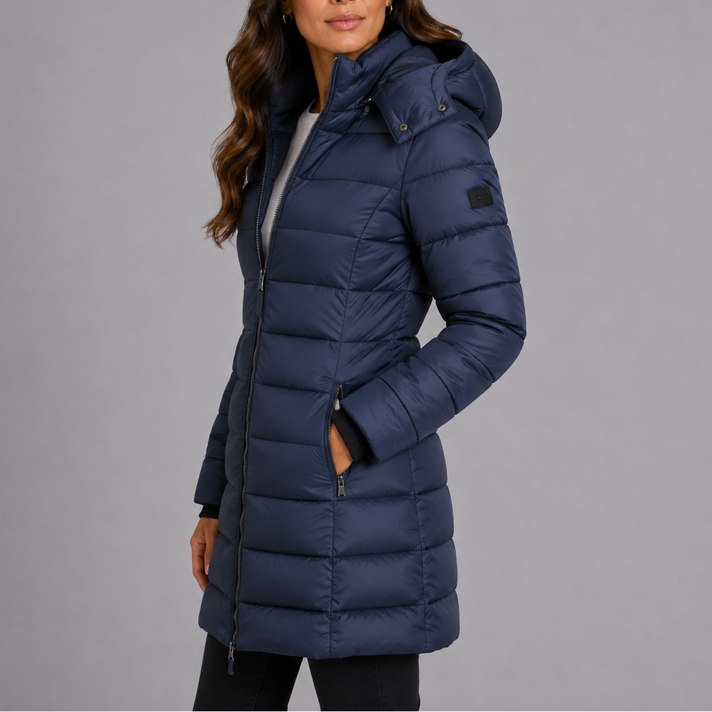 Women's long hooded quilted puffer jacket, padded zip-front winter coat