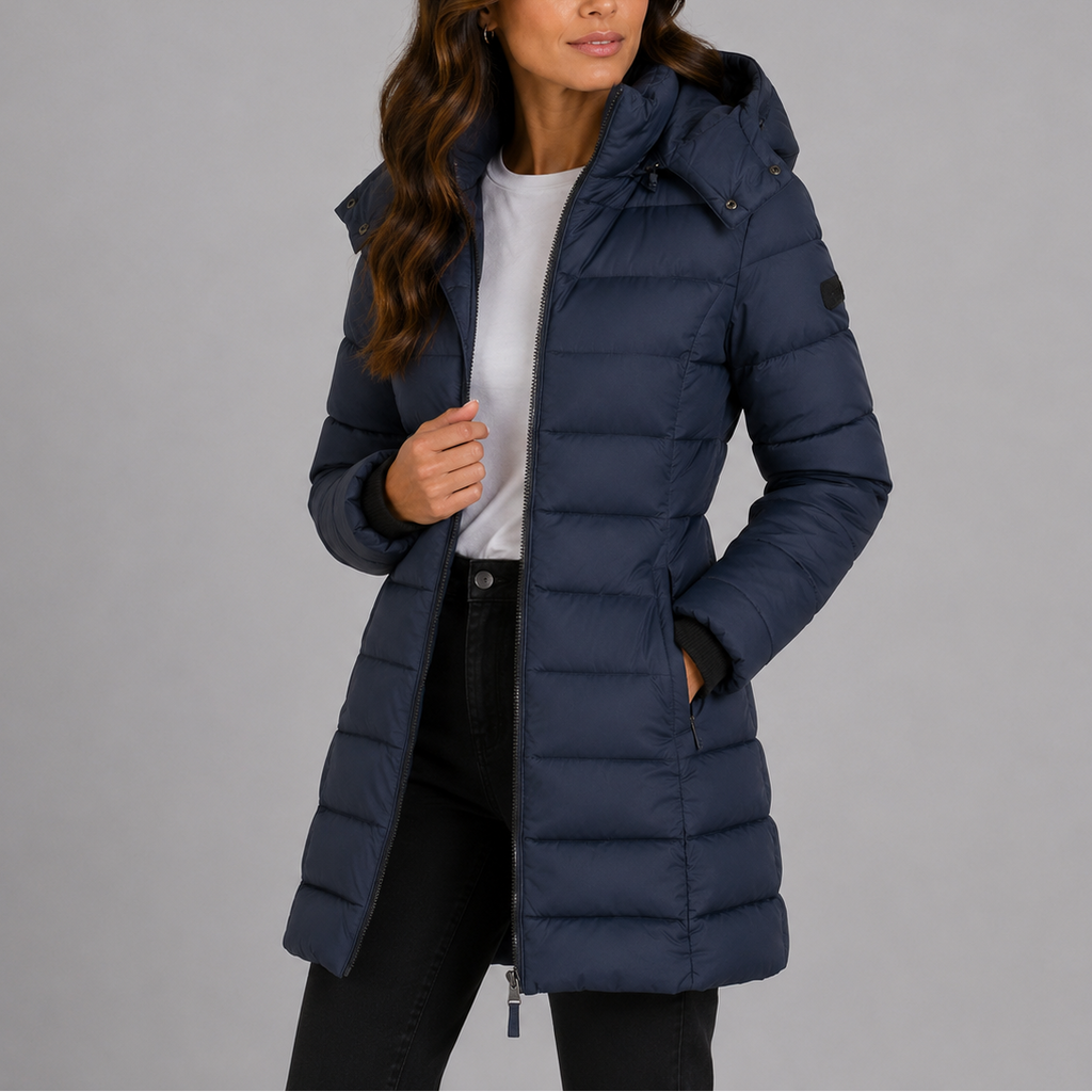 Women's long hooded quilted puffer jacket, padded zip-front winter coat