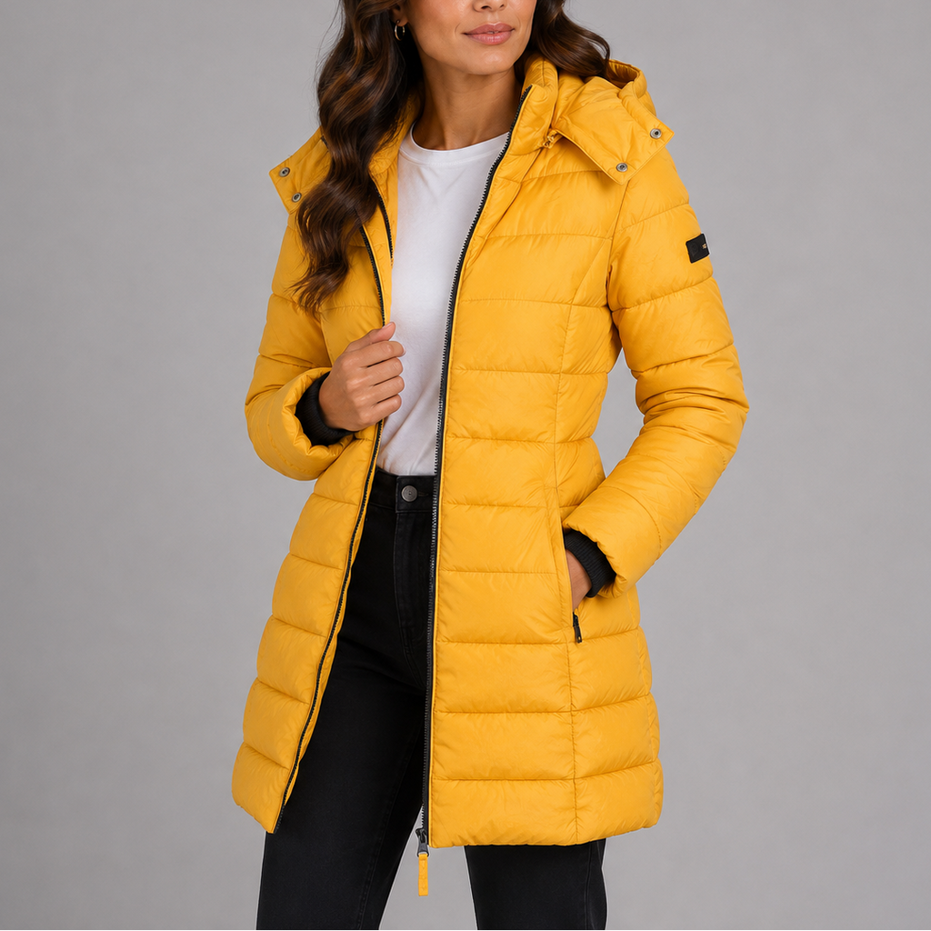 Women's long hooded quilted puffer jacket, padded zip-front winter coat