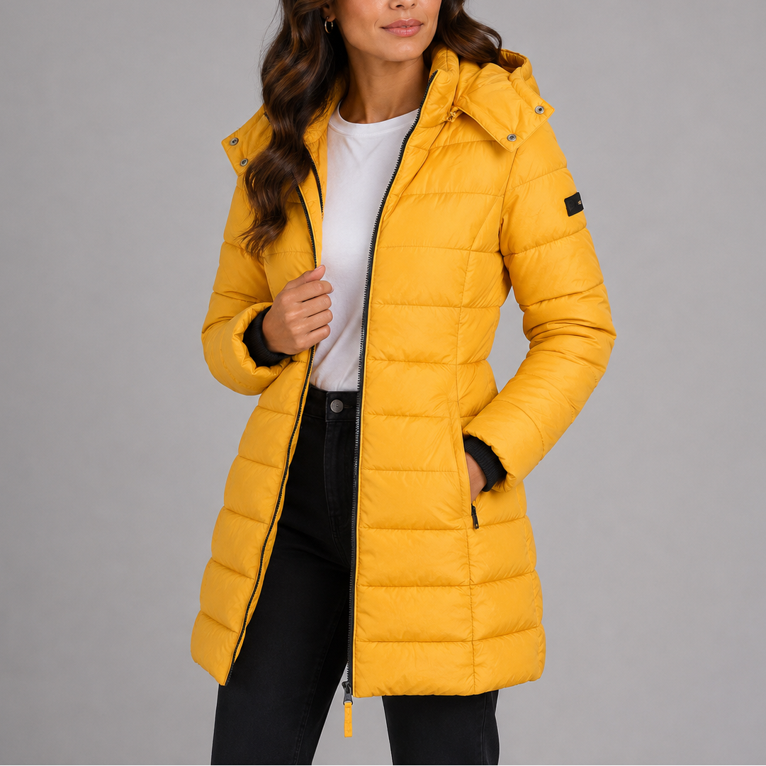 Women's long hooded quilted puffer jacket, padded zip-front winter coat