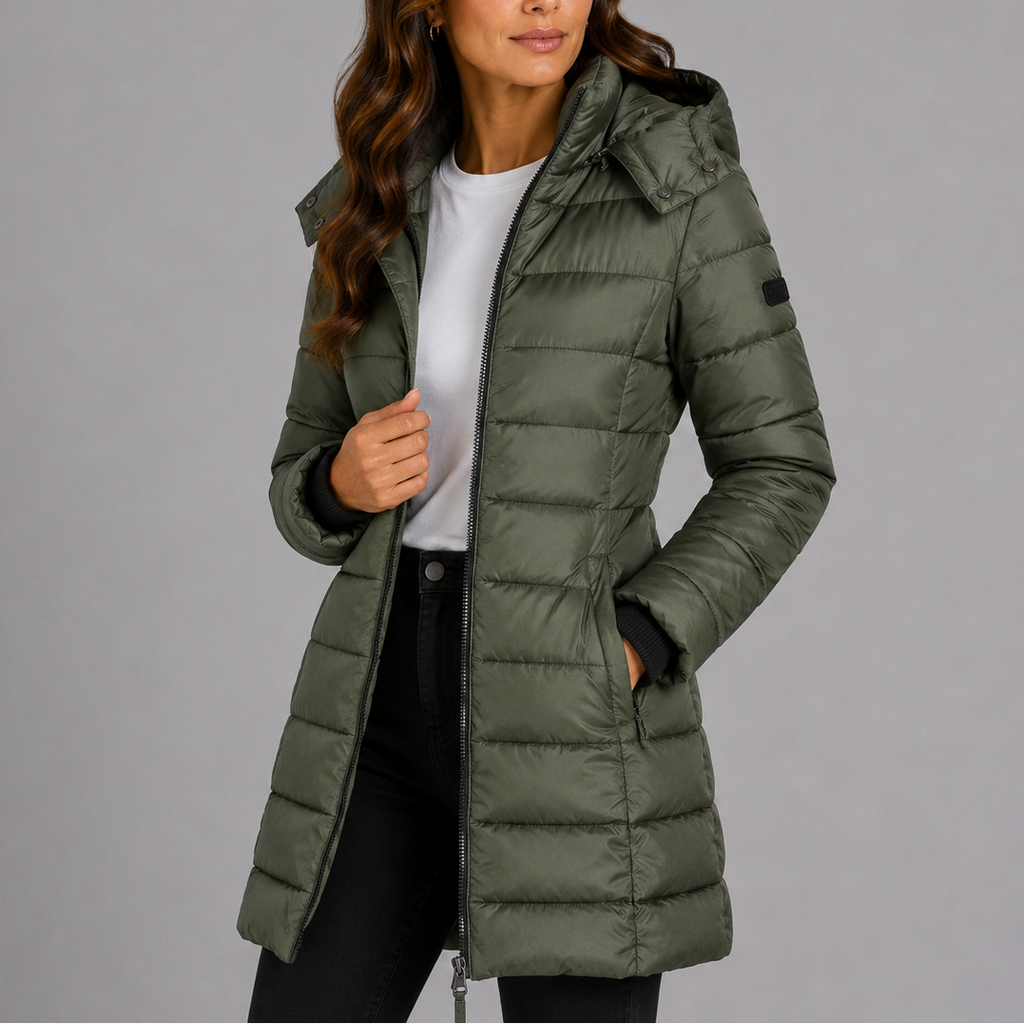 Women's long hooded quilted puffer jacket, padded zip-front winter coat