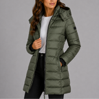Women's long hooded quilted puffer jacket, padded zip-front winter coat