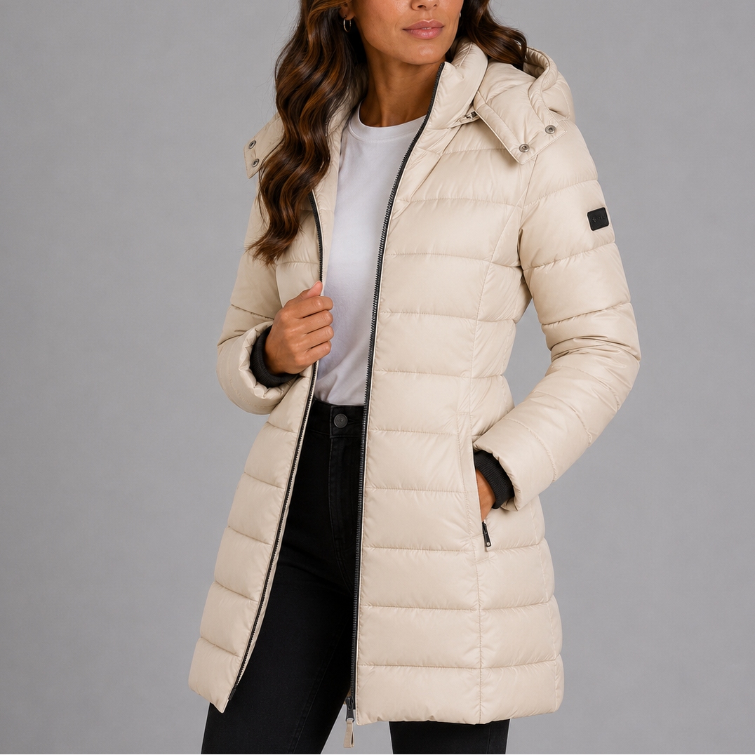 Women's long hooded quilted puffer jacket, padded zip-front winter coat