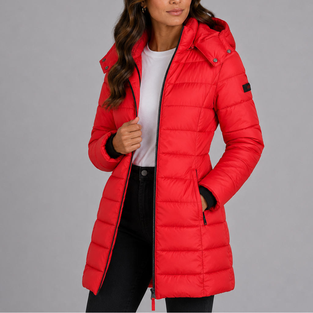 Women's long hooded quilted puffer jacket, padded zip-front winter coat
