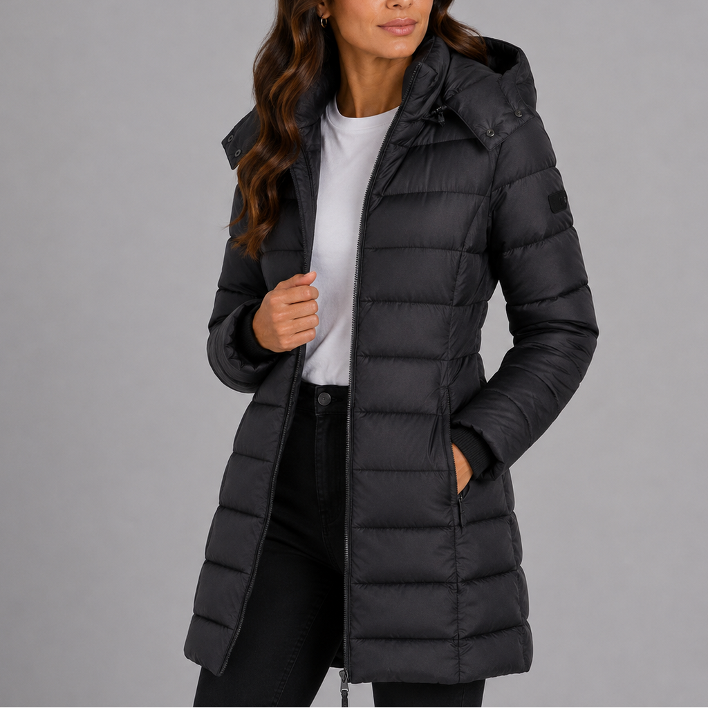 Women's long hooded quilted puffer jacket, padded zip-front winter coat