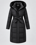 Black long belted puffer coat with faux fur hood front