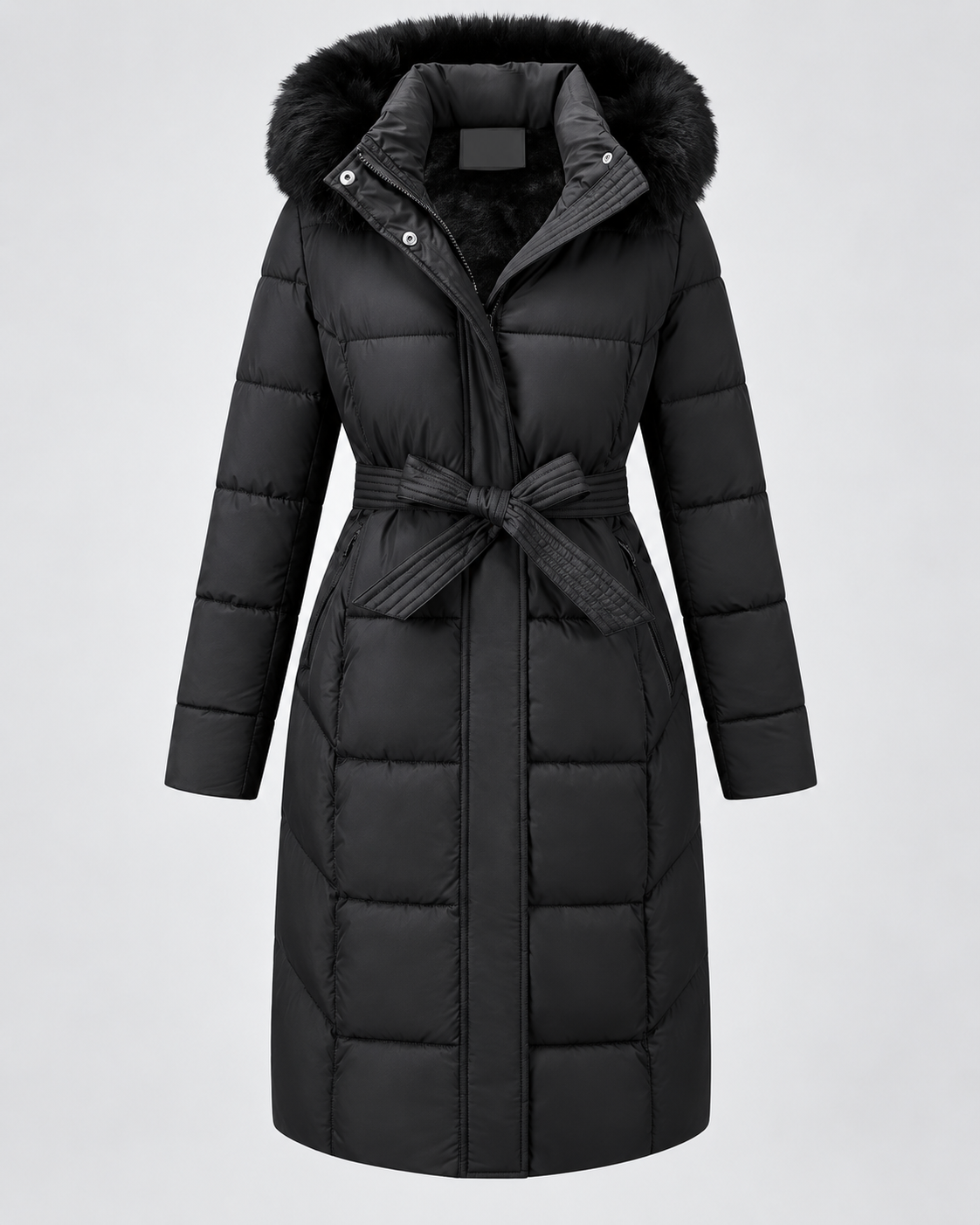 Black long belted puffer coat with faux fur hood front