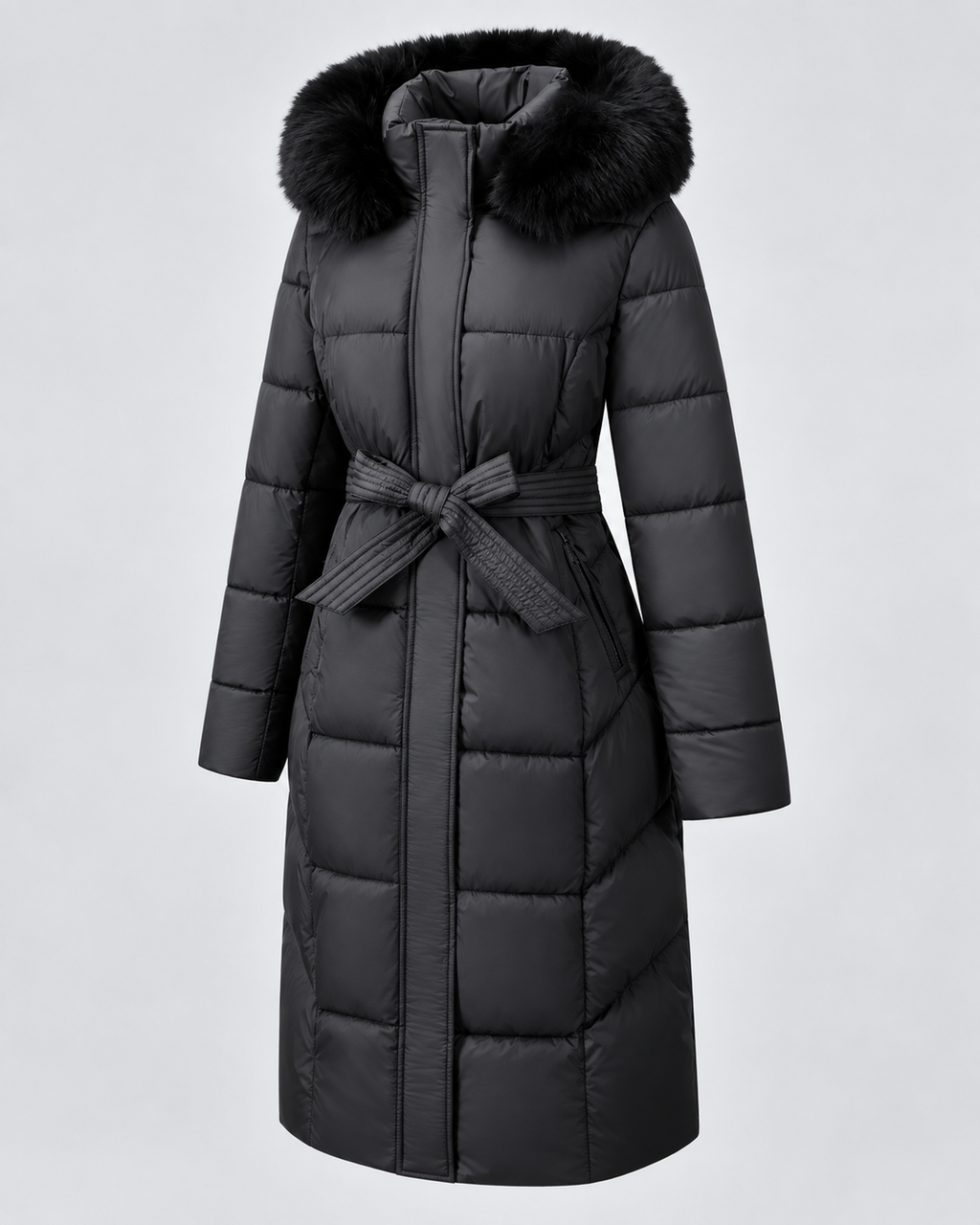 Black long belted puffer coat with hood up