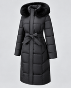 Black long belted puffer coat with hood up
