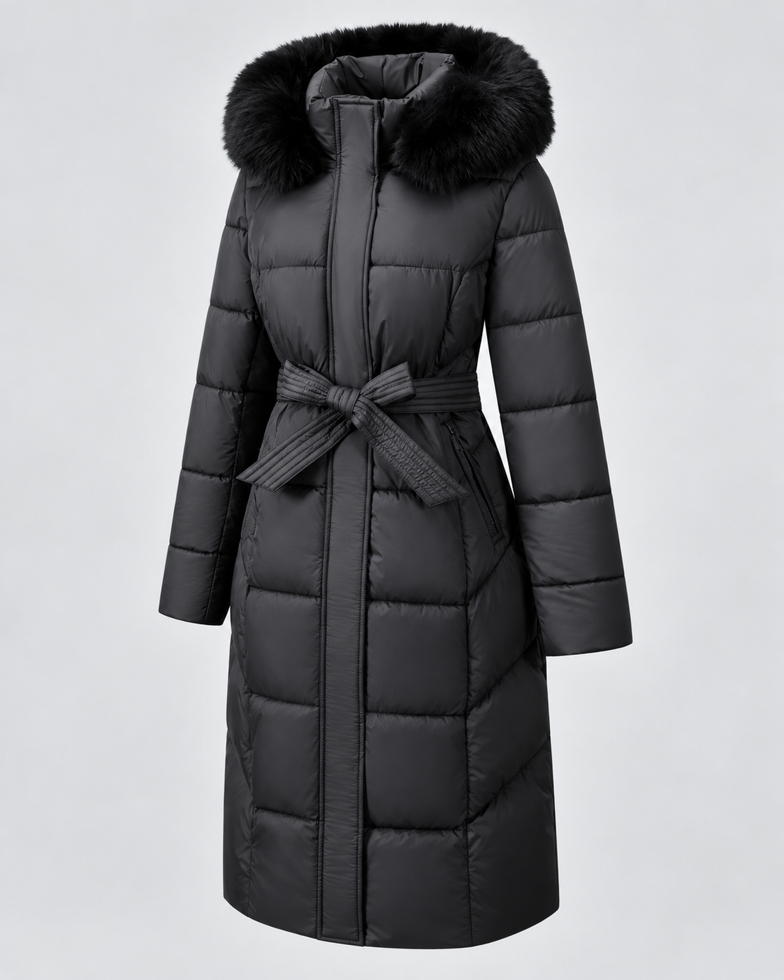 Black long belted puffer coat with hood up