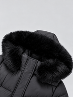 Black faux fur hood trim detail