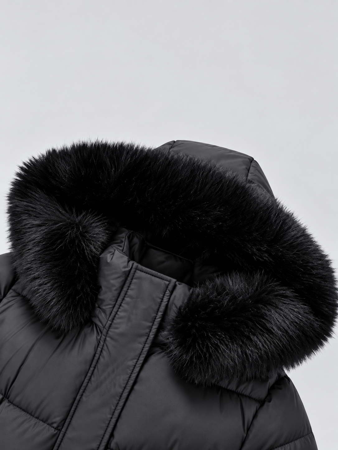 Black faux fur hood trim detail
