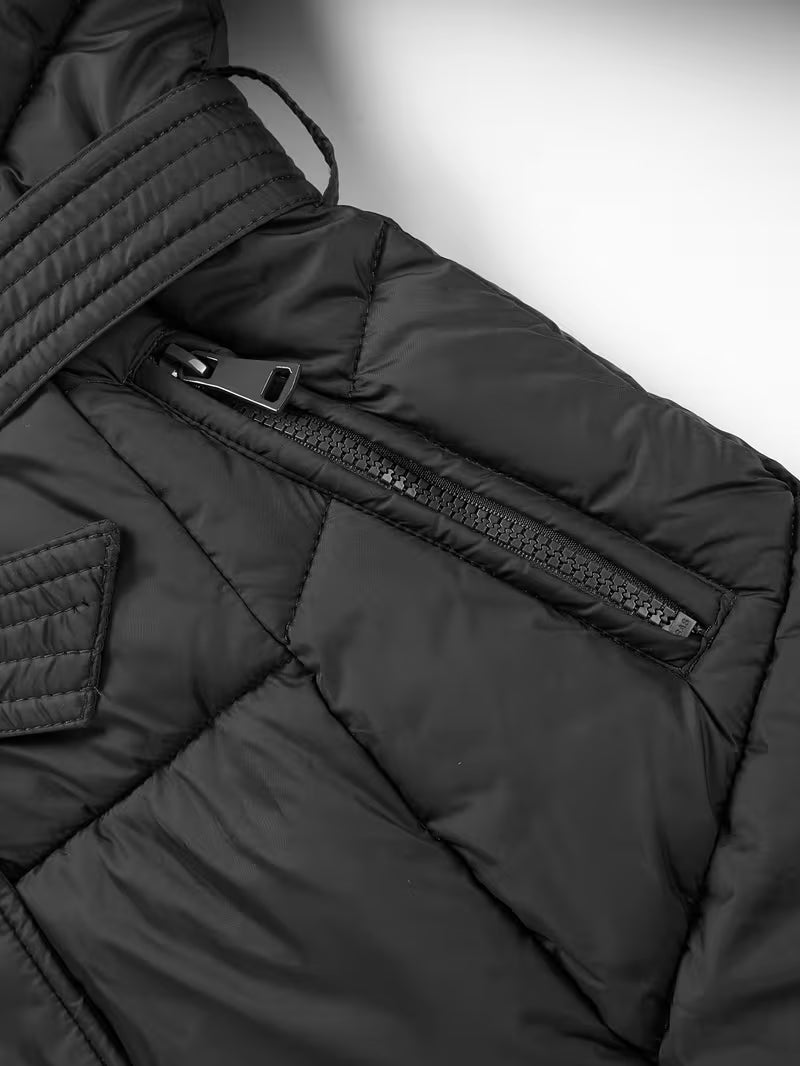 Black long puffer coat pocket and zip detail