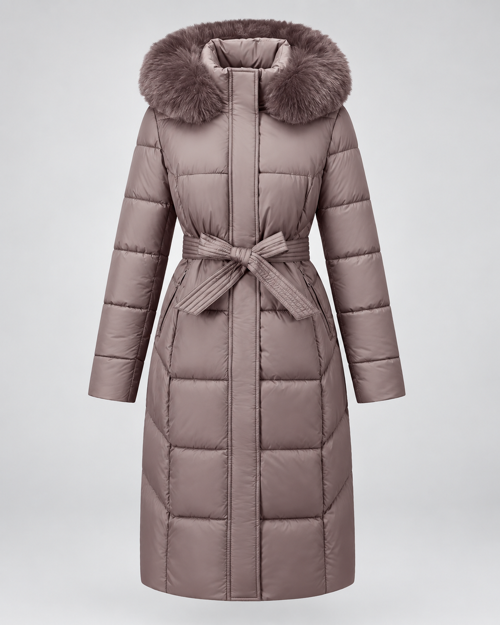 Taupe long belted puffer coat with faux fur hood front