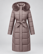 Taupe long belted puffer coat with faux fur hood front