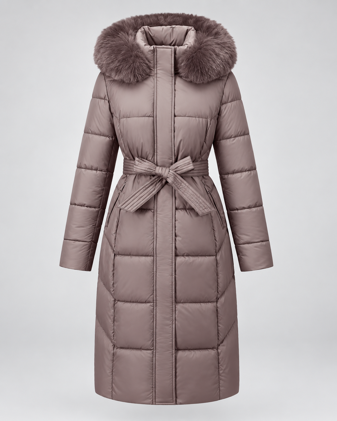 Taupe long belted puffer coat with faux fur hood front