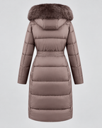 Taupe long belted puffer coat with hood up