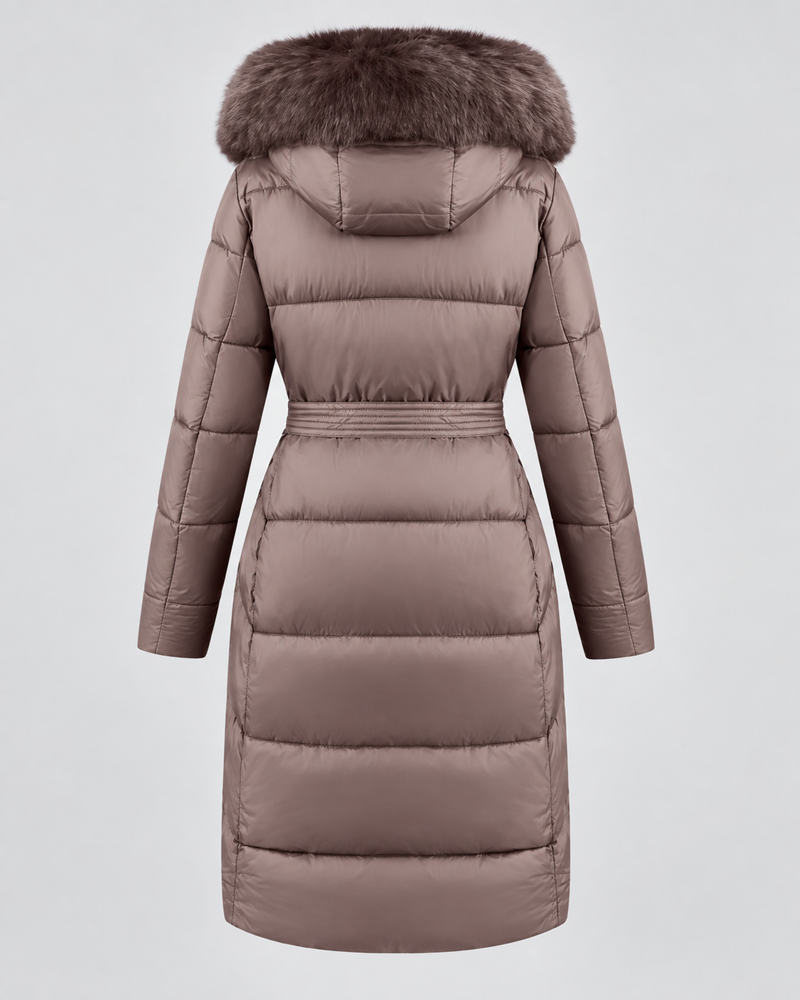 Taupe long belted puffer coat with hood up