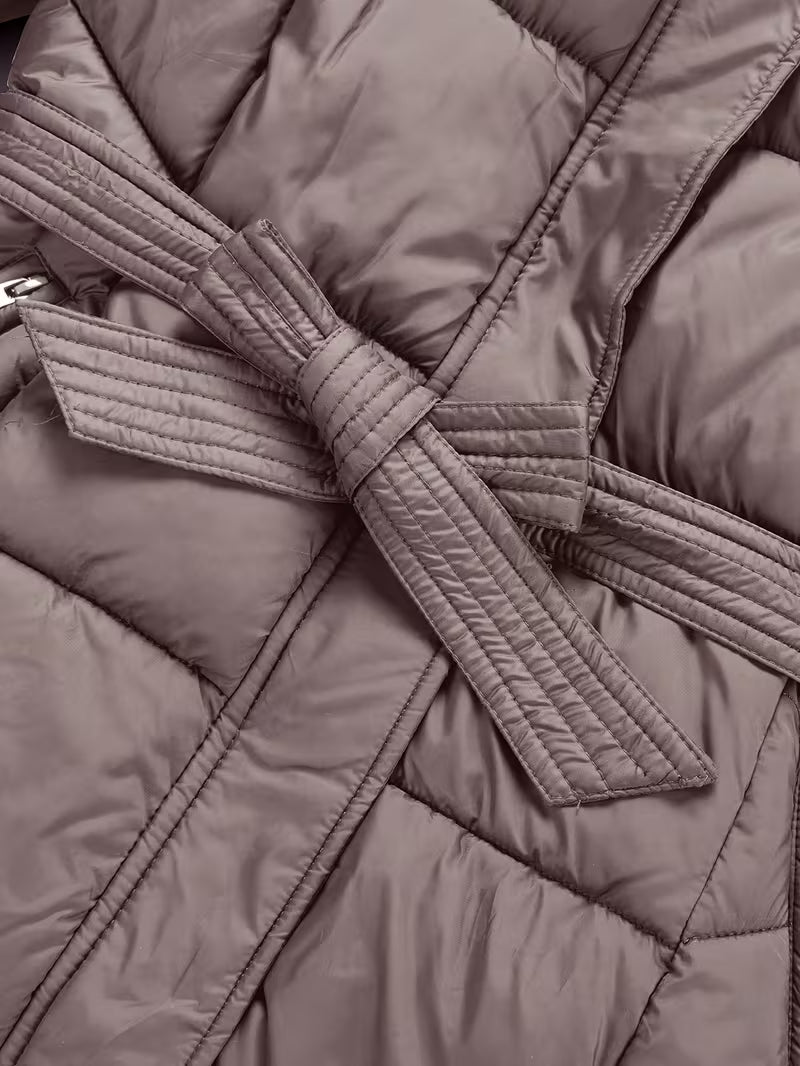 Taupe long puffer coat belt knot detail