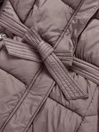 Taupe long puffer coat belt knot detail