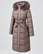 Taupe long belted puffer coat full length