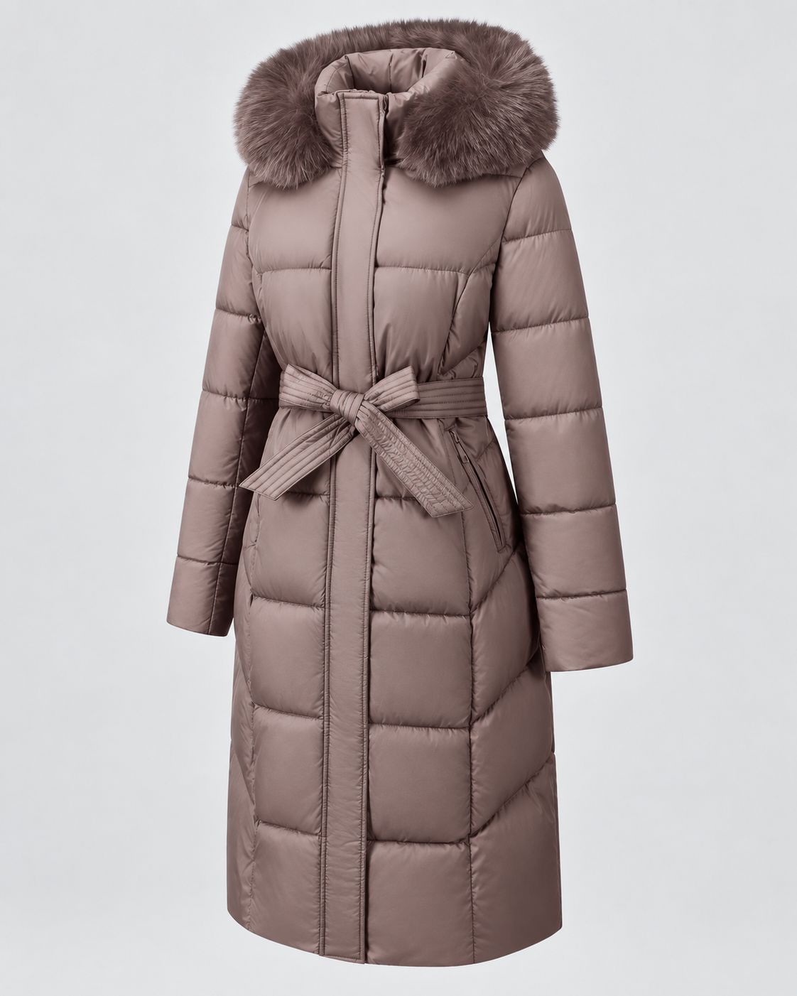 Taupe long belted puffer coat full length