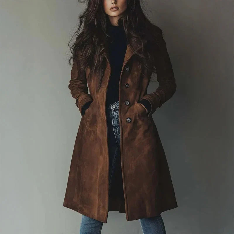 Women's Long Brown Suede Look Jacket with Lapel Collar and Button Front