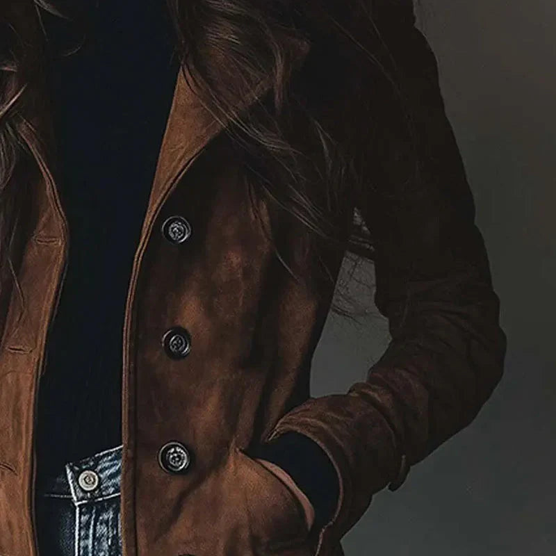Women's Long Brown Suede Look Jacket with Lapel Collar and Button Front
