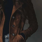 Women's Long Brown Suede Look Jacket with Lapel Collar and Button Front