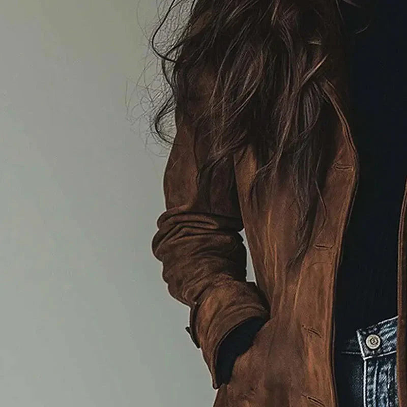 Women's Long Brown Suede Look Jacket with Lapel Collar and Button Front