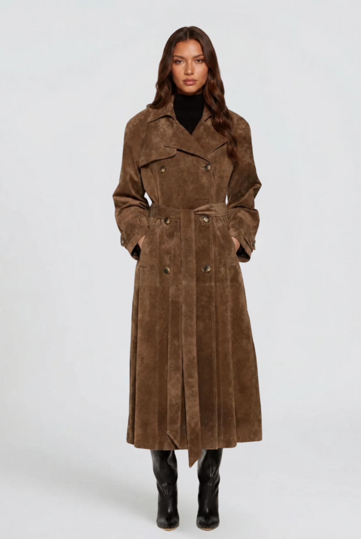 Women's Long Brown Suede Look Trench Coat with Belt
