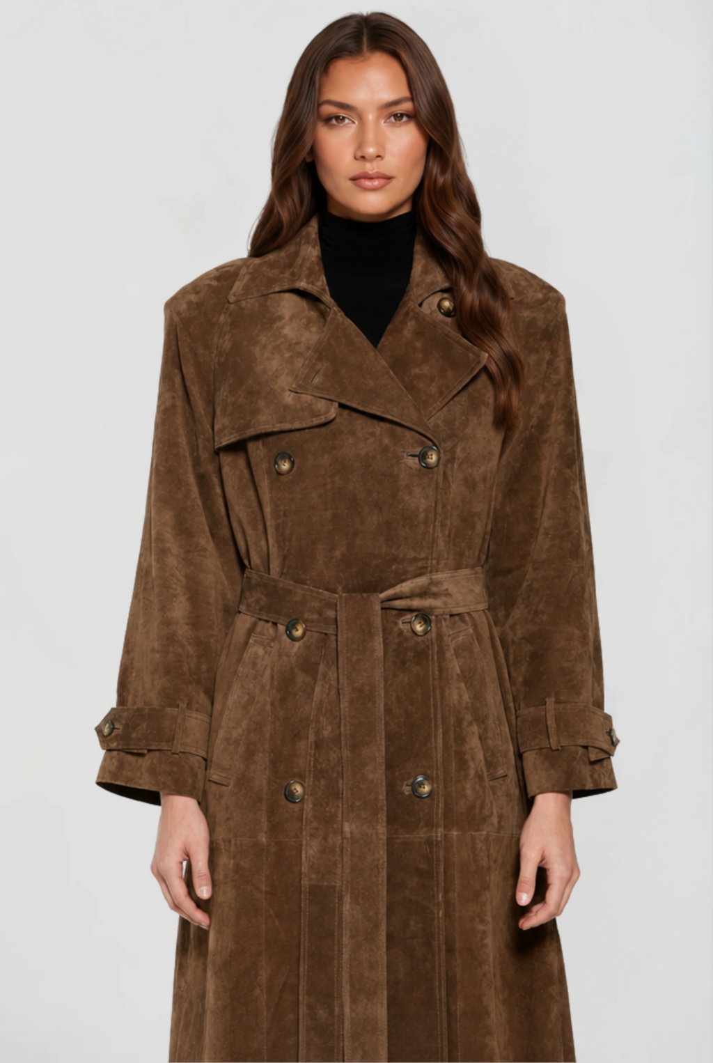 Women's Long Brown Suede Look Trench Coat with Belt