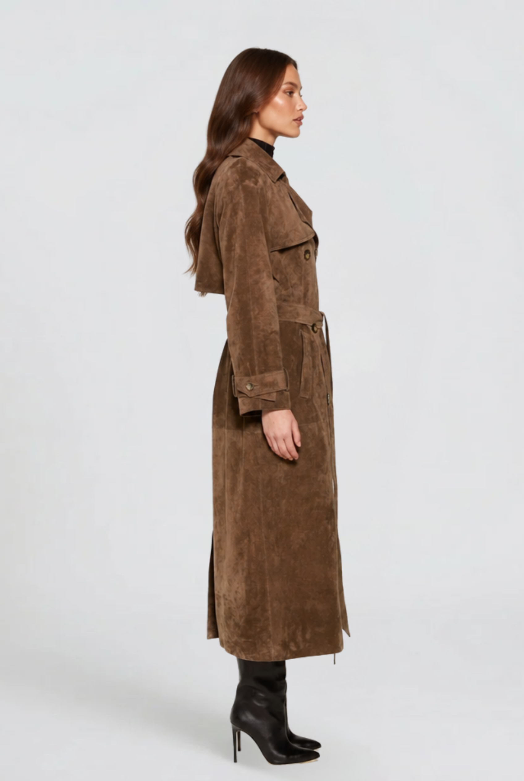 Women's Long Brown Suede Look Trench Coat with Belt