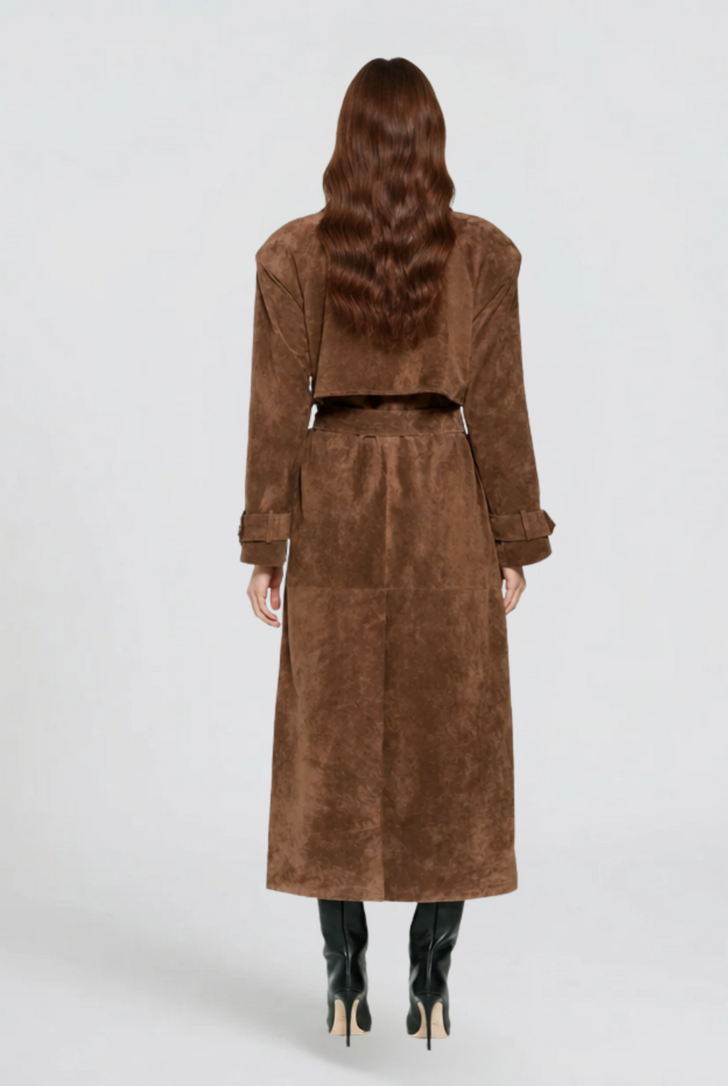 Women's Long Brown Suede Look Trench Coat with Belt