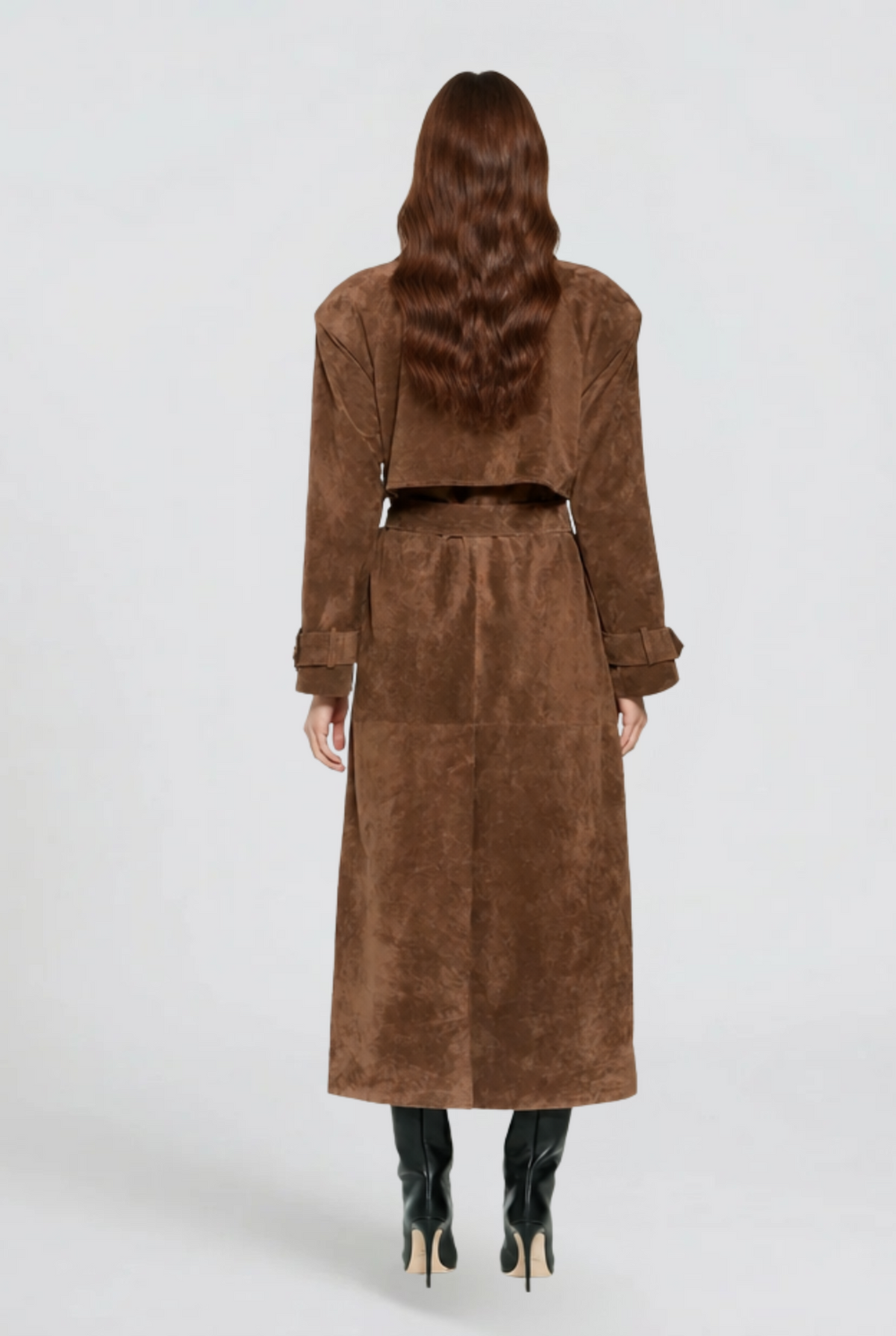 Women's Long Brown Suede Look Trench Coat with Belt