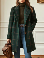 Women's Longline Check Coat with Lapel Collar - Dark Green