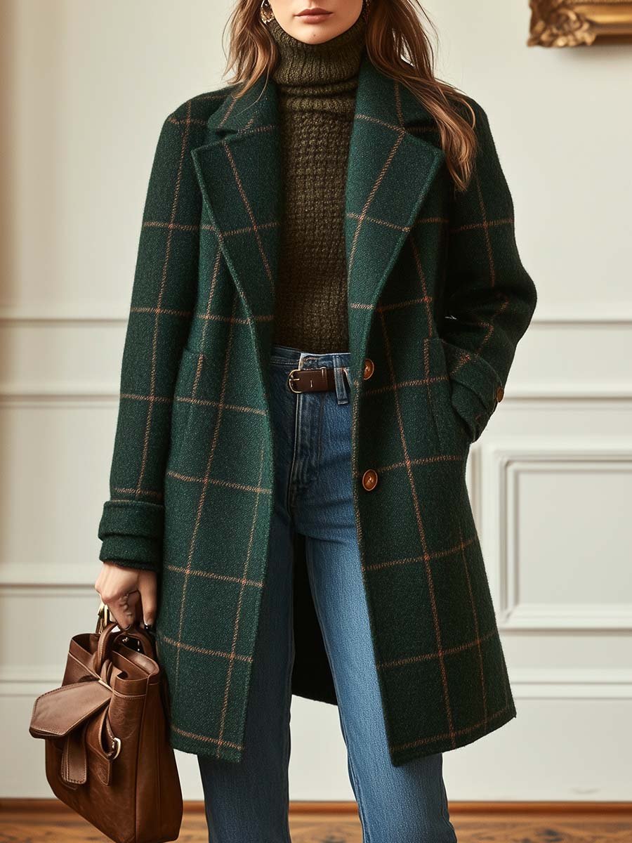 Women's Longline Check Coat with Lapel Collar - Dark Green