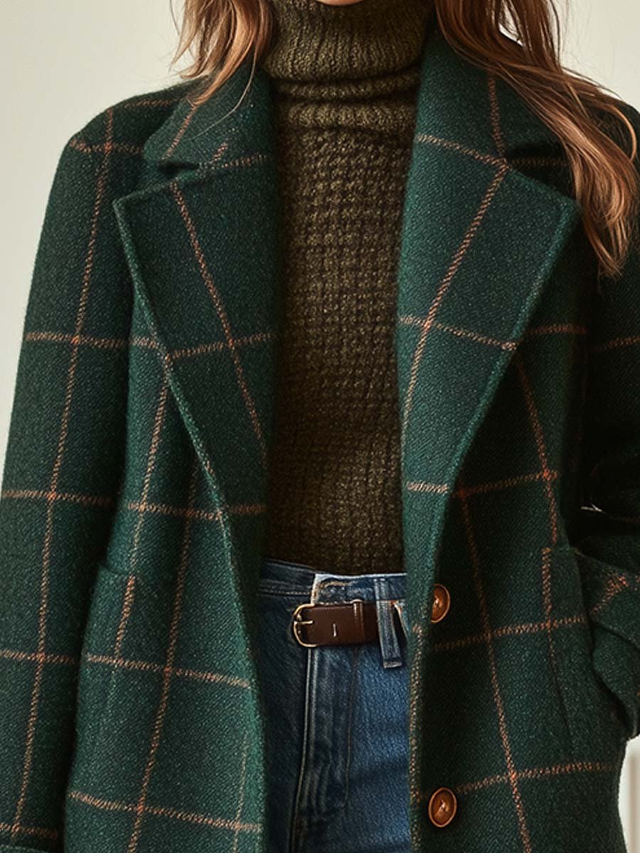 Women's Longline Check Coat with Lapel Collar