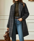 Women's Longline Check Coat with Lapel Collar - Grey