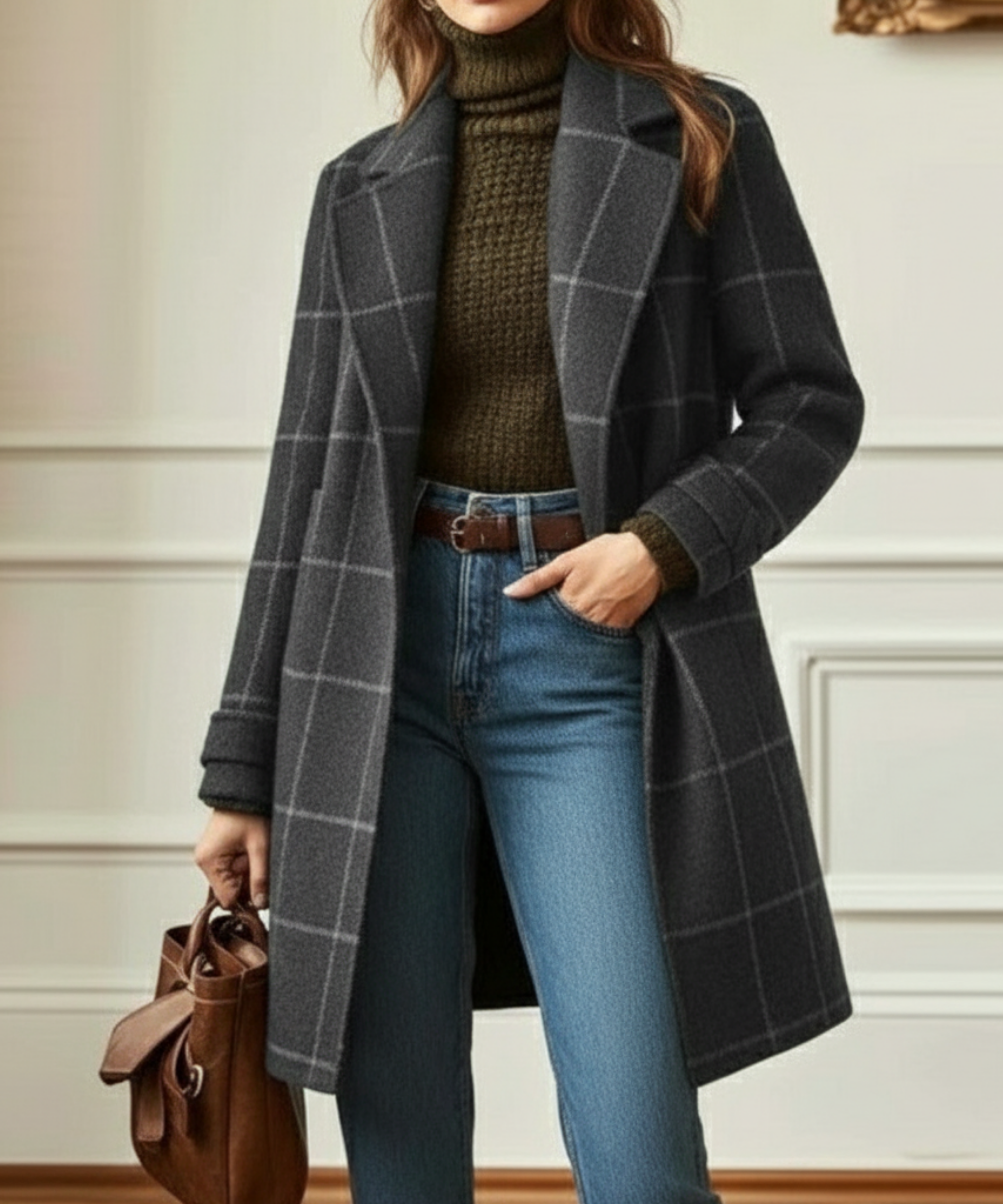 Women's Longline Check Coat with Lapel Collar - Grey