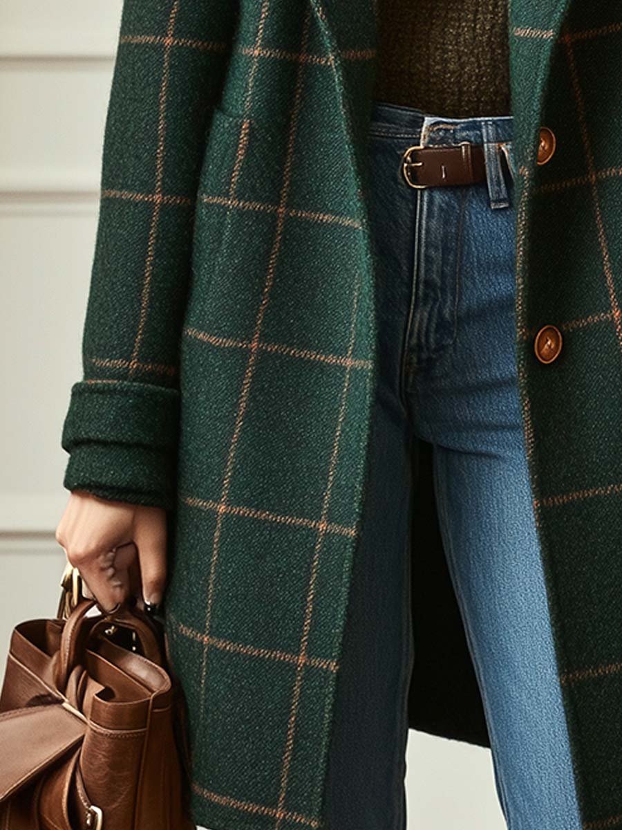 Women's Longline Check Coat with Lapel Collar