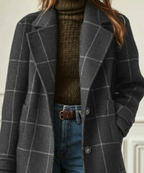 Women's Longline Check Coat with Lapel Collar - Grey