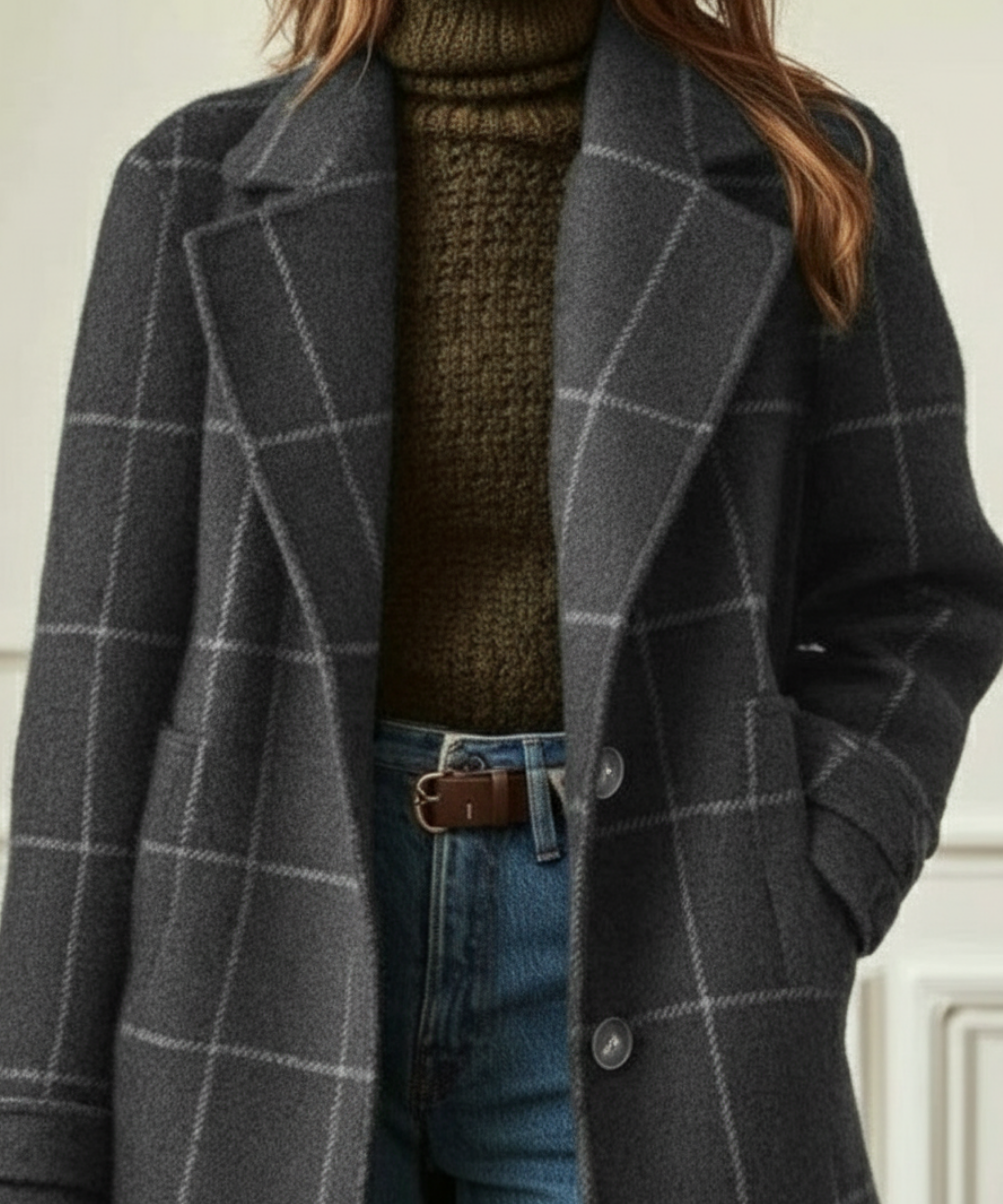 Women's Longline Check Coat with Lapel Collar - Grey