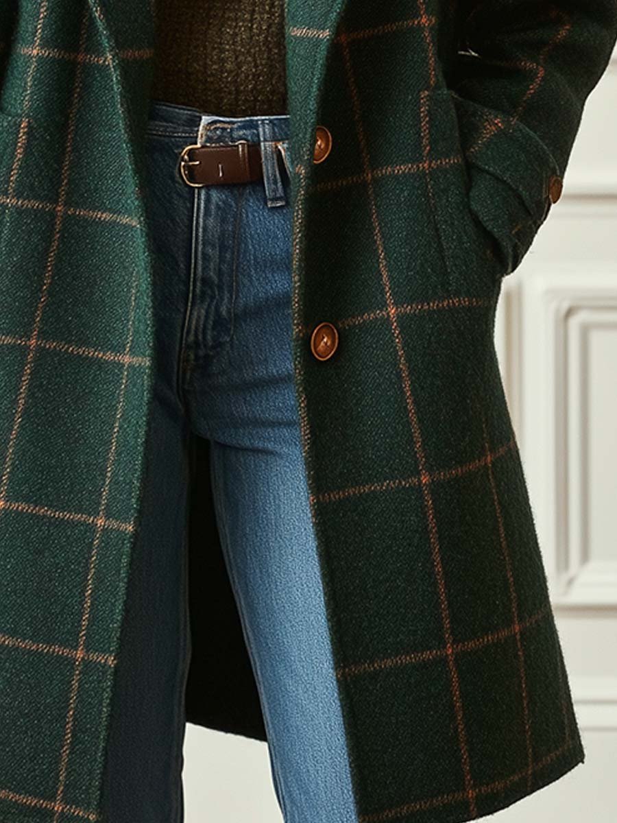 Women's Longline Check Coat with Lapel Collar