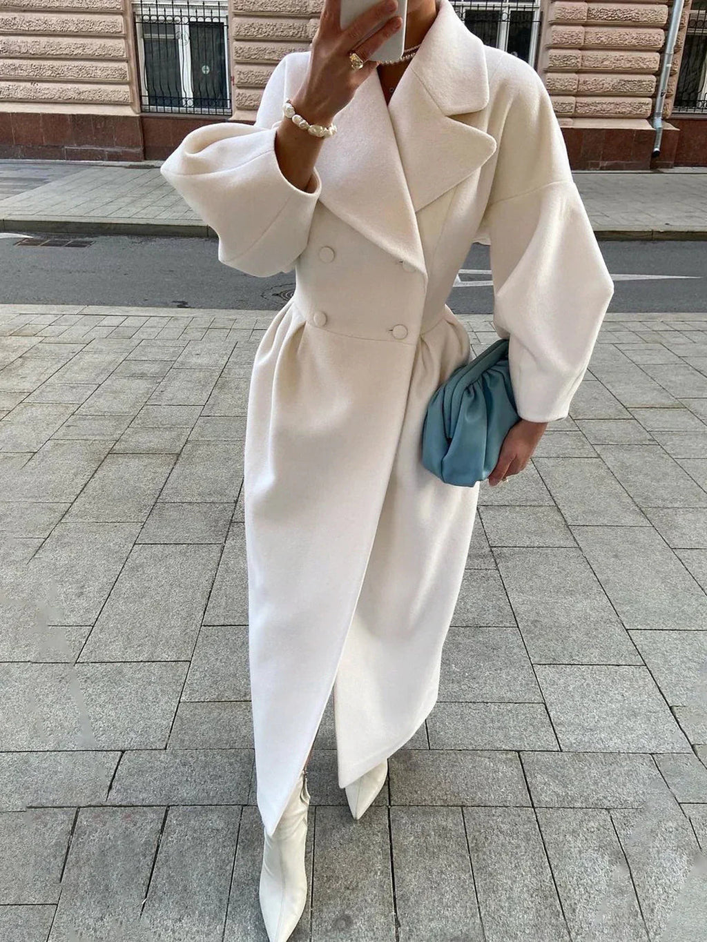 Women's Oversized Longline Double Breasted Coat with Lapel Collar