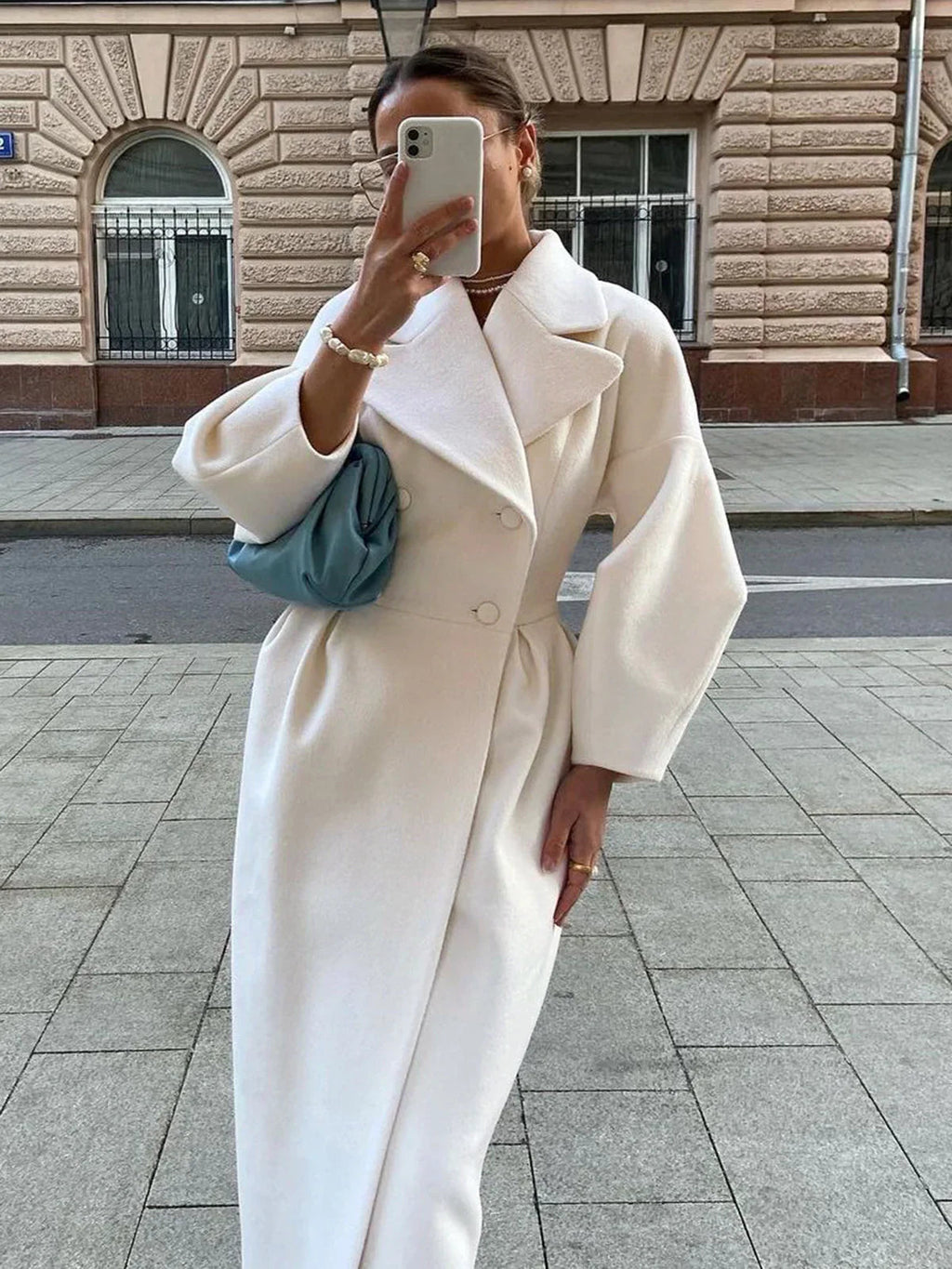 Women's Oversized Longline Double Breasted Coat with Lapel Collar