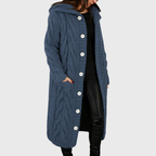 Women's Longline Cable Knit Cardigan with Hood and Button Front