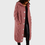 Women's Longline Cable Knit Cardigan with Hood and Button Front