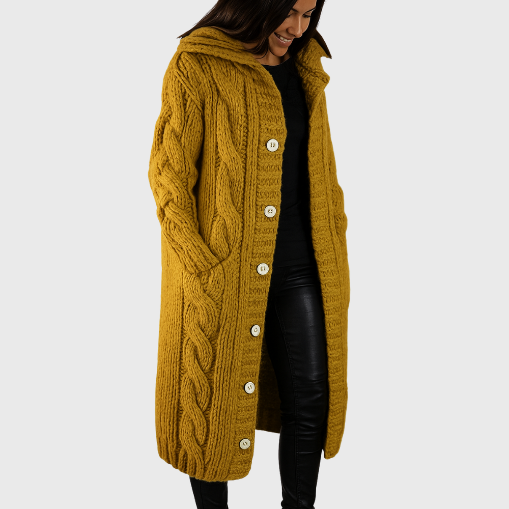 Women's Longline Cable Knit Cardigan with Hood and Button Front