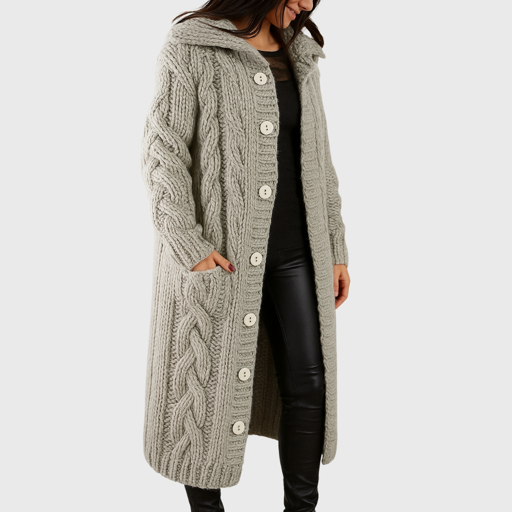 Women's Longline Cable Knit Cardigan with Hood and Button Front